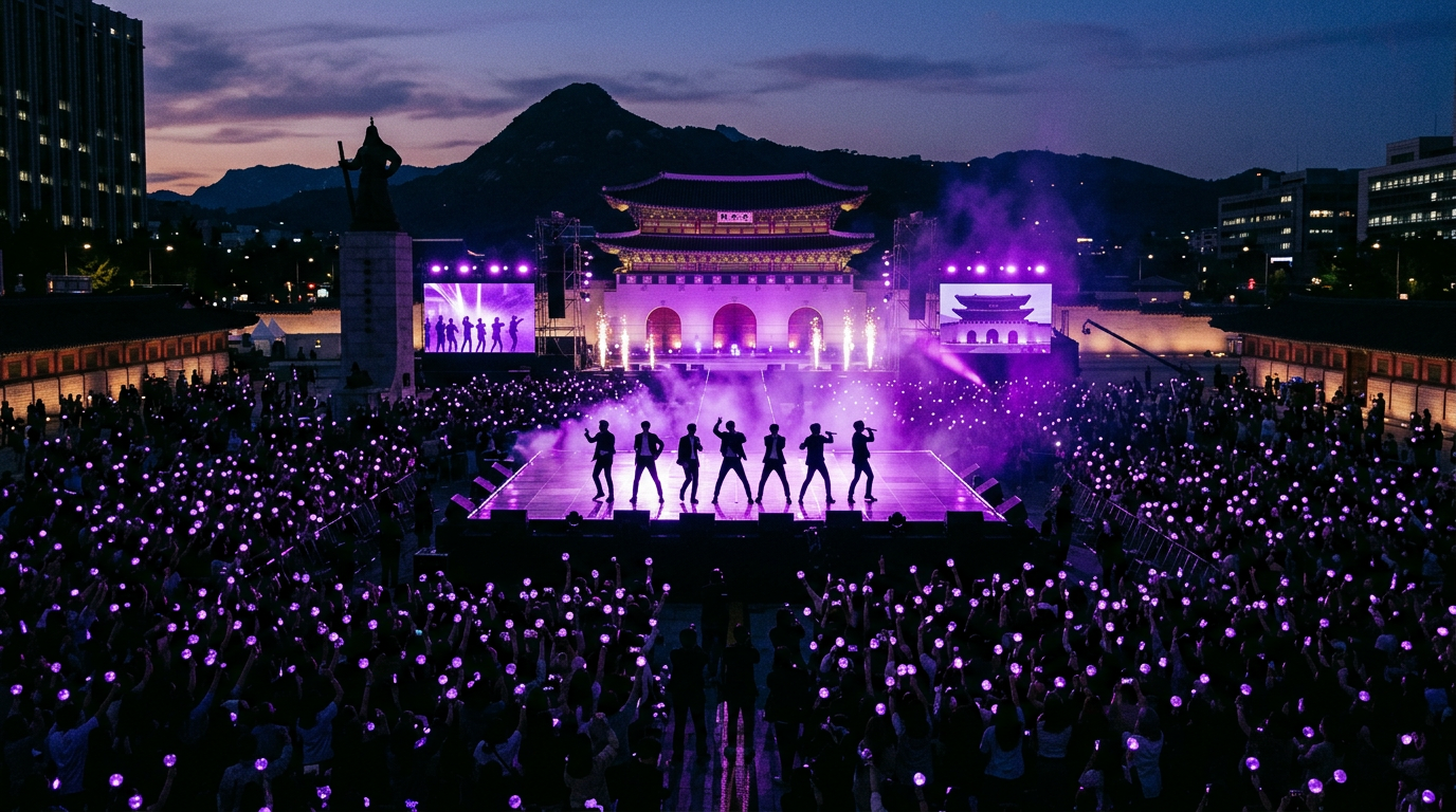Silhouetted BTS members and purple-lit crowd at dusk in Gwanghwamun