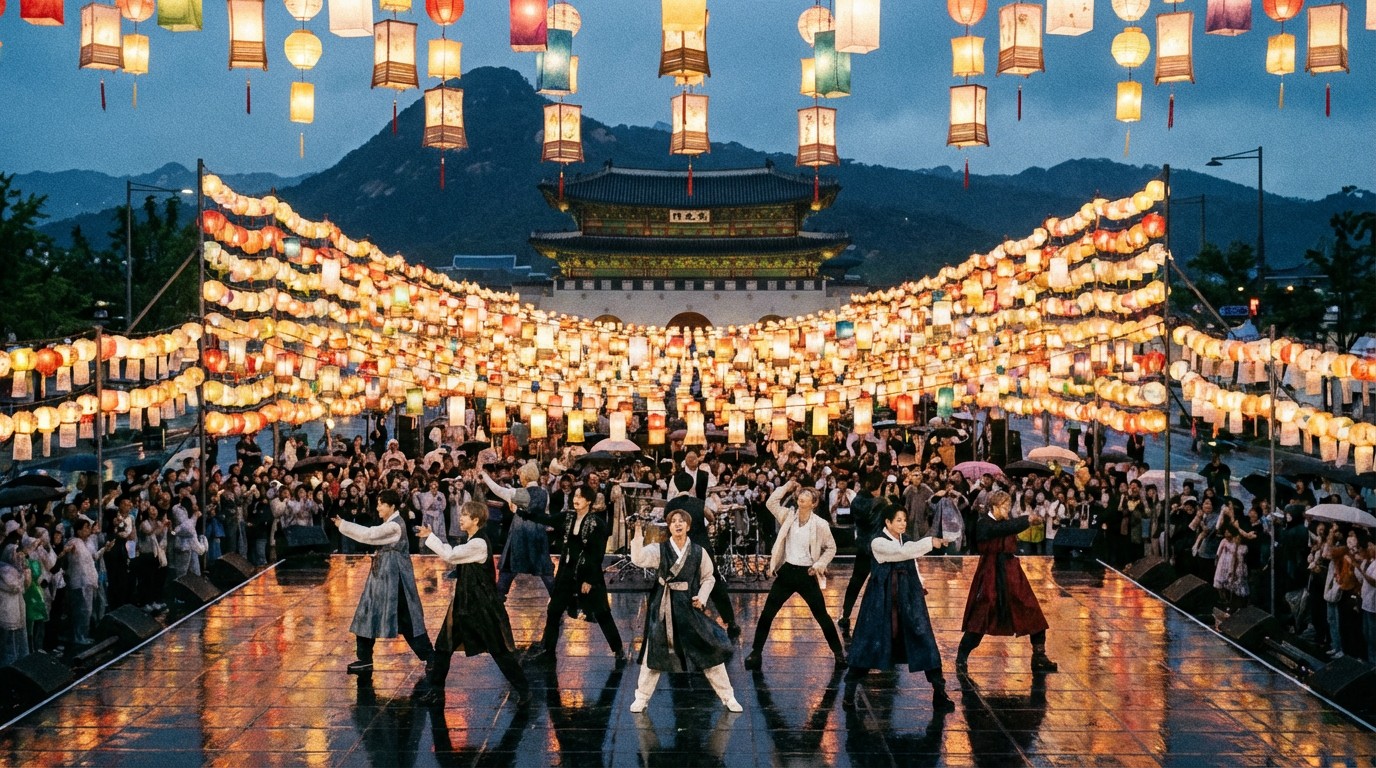 BTS ARIRANG stage lit by layered lanterns at Gwanghwamun