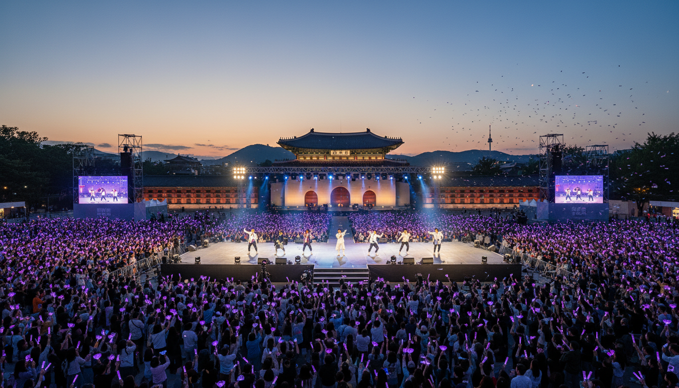 Twilight kickoff image of BTS at Gwanghwamun