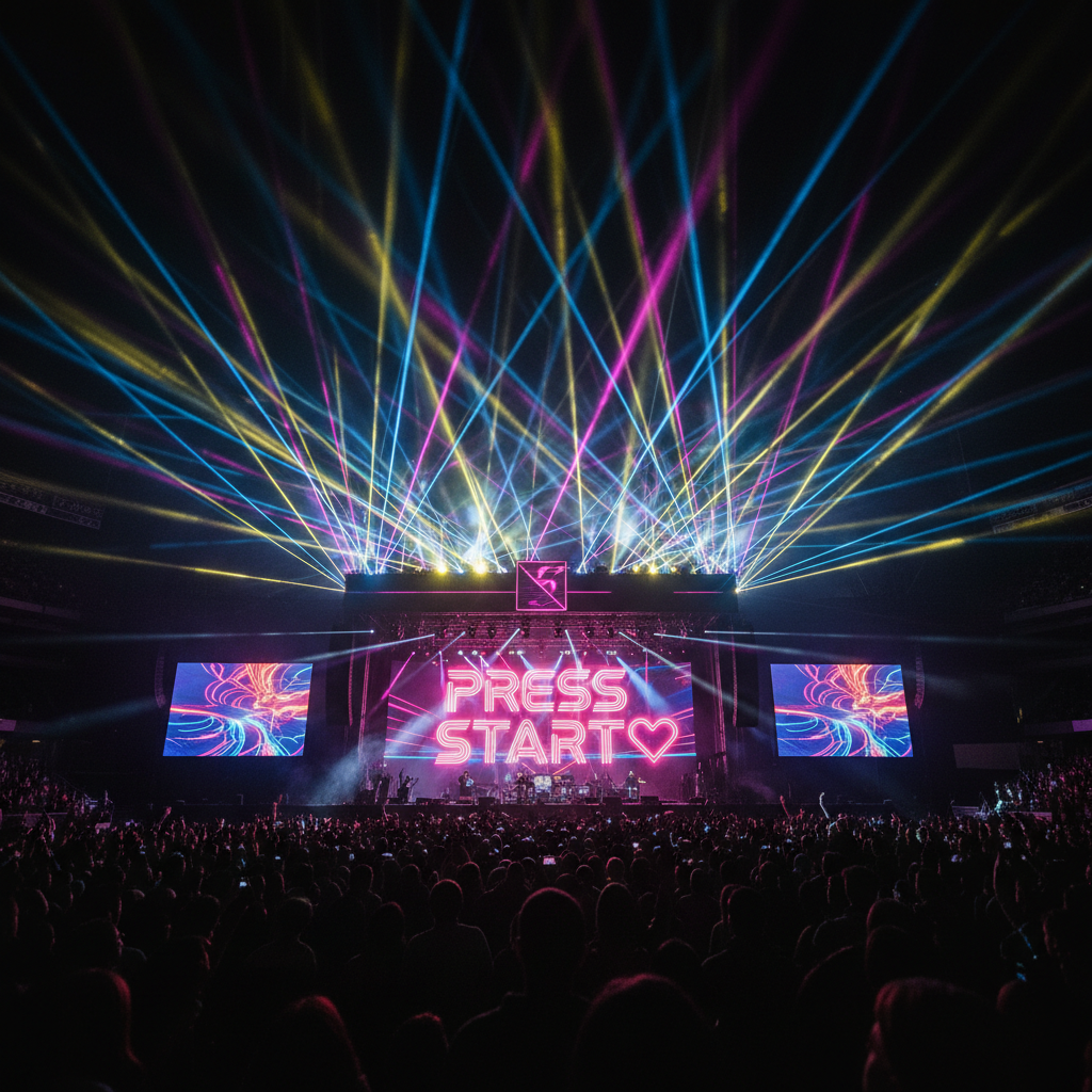 Vibrant concert scene with cheering crowd silhouette, stage lights, and PRESS START♥ text