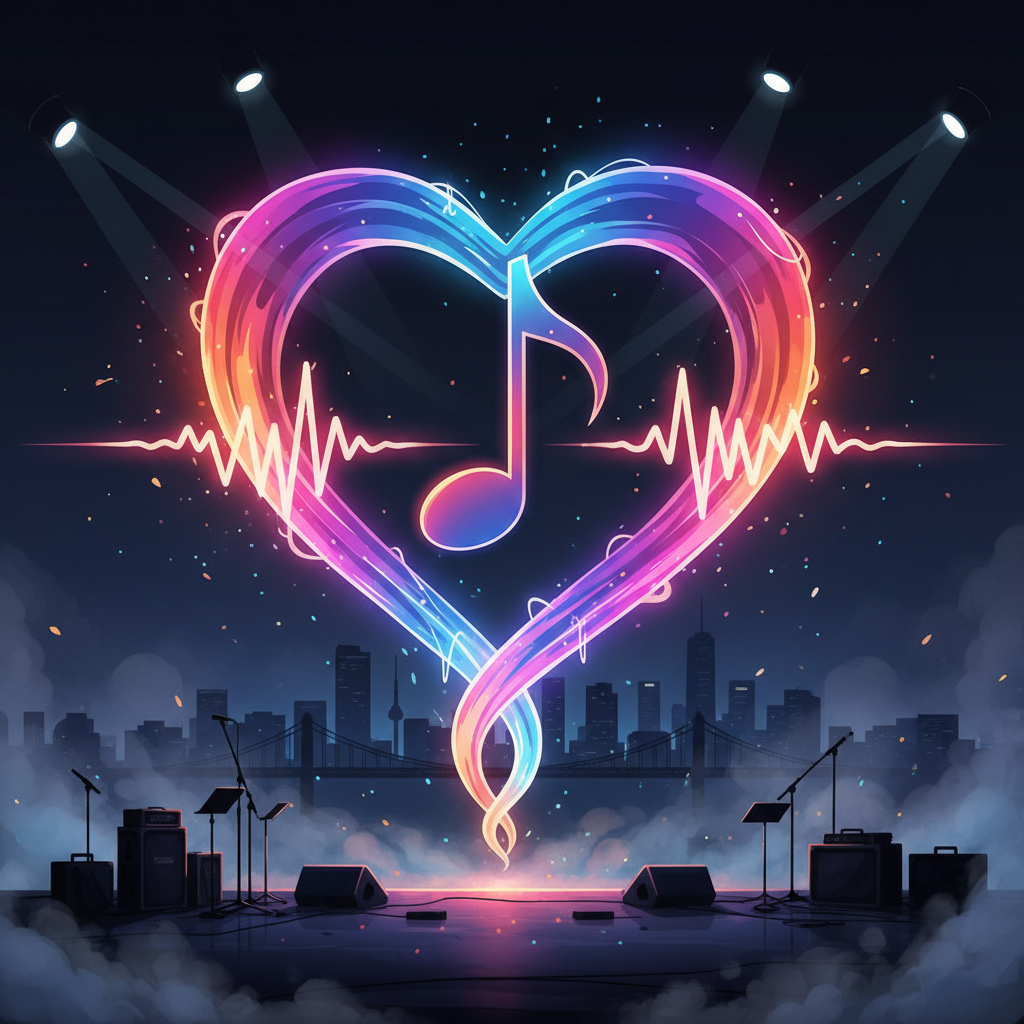 Music notes/sound waves forming a heart shape above stage with Korean skyline silhouette
