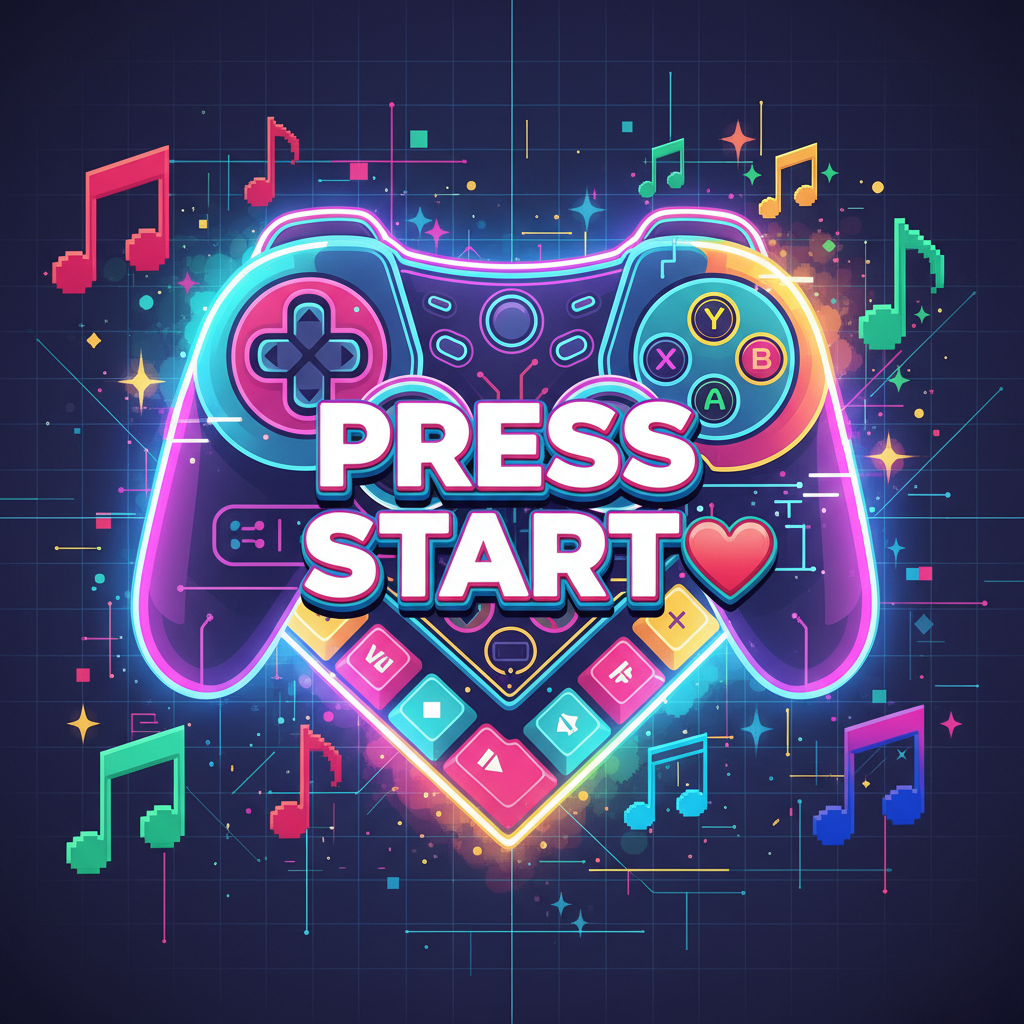 Game controller/keyboard keys forming heart with musical notes and pixel art