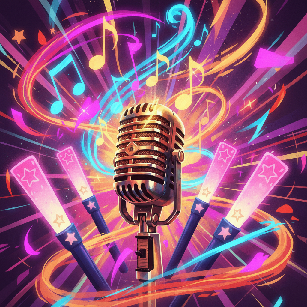 Close-up of a vintage microphone with glowing musical notes and light flares