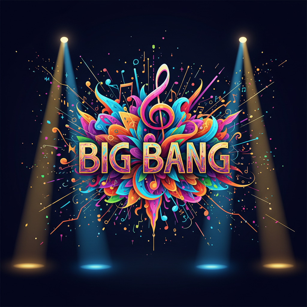 Abstract musical notes and sound waves forming a dynamic Big Bang logo