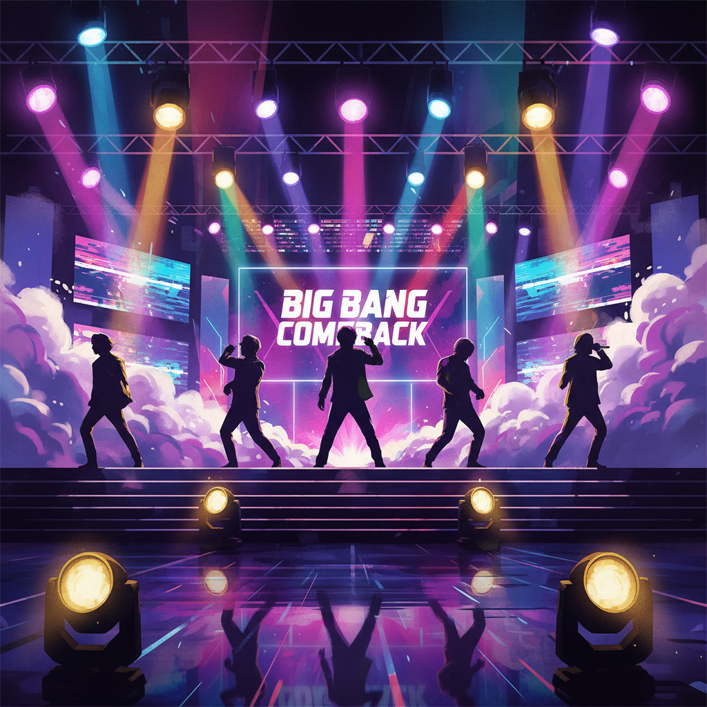 Five silhouettes of performers on a dramatic K-pop stage with colorful spotlights