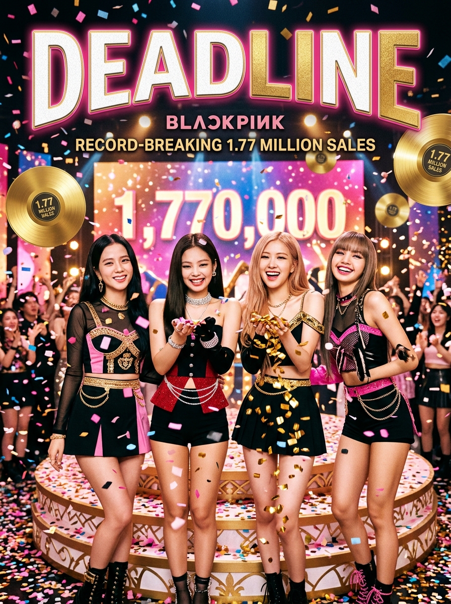 BLACKPINK DEADLINE album cover style with vibrant colors, confetti, and golden record elements