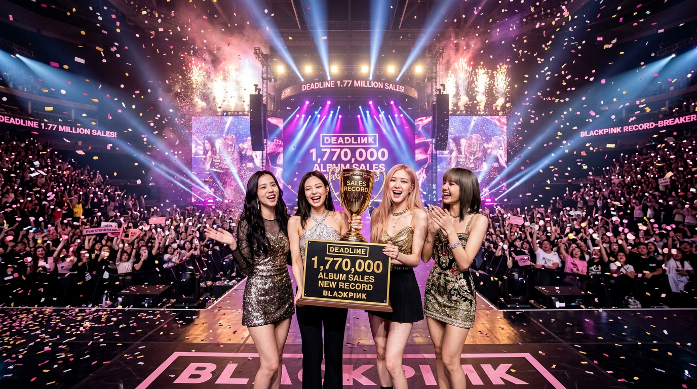 BLACKPINK members holding trophies representing 1.77 million sales, celebrating on stage