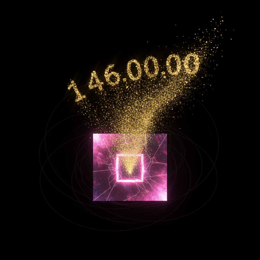 Abstract representation of Blackpink's 'DEADLINE' album achievement: glowing music album cover with shattered sales numbers (1.46 million) in golden particles, floating above minimalist black background with pink accents