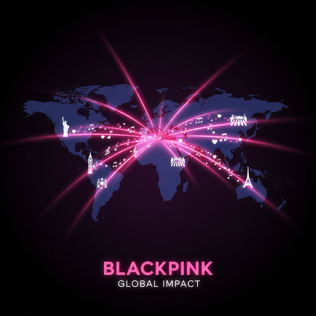 Symbolic representation of Blackpink's global impact: world map silhouette with musical notes and pink light rays emanating from Korea to major cities worldwide (New York, Paris, Tokyo, London)