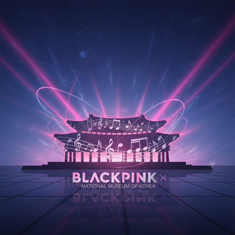 Symbolic fusion of traditional Korean museum architecture with modern K-pop elements: National Museum of Korea building blended with musical notes and pink light beams