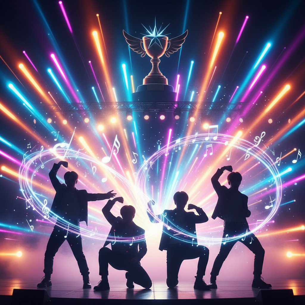 K-pop silhouette with spotlights and trophy