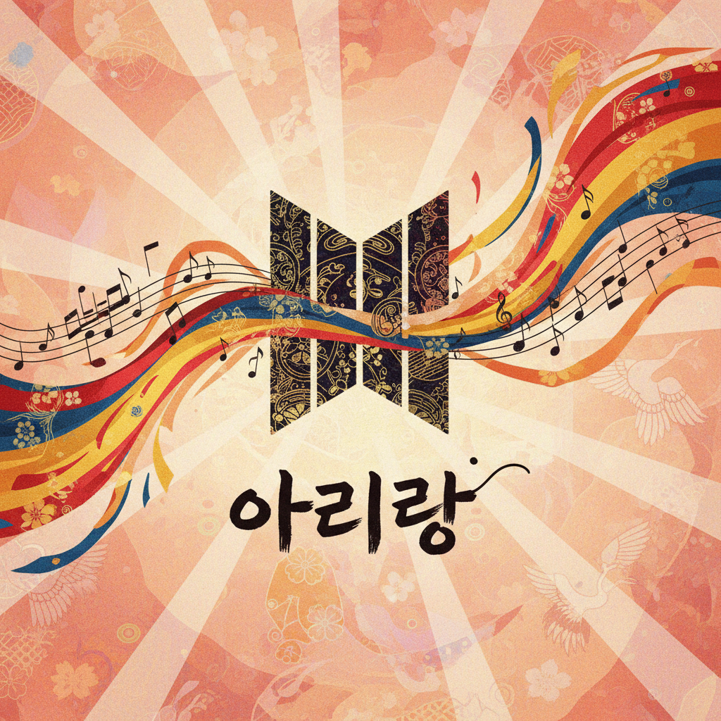 Abstract illustration of Korean traditional hanbok fabric patterns transforming into musical notes, with BTS logo silhouette, ARIRANG text in Korean, warm color palette, square composition (1:1 aspect ratio)