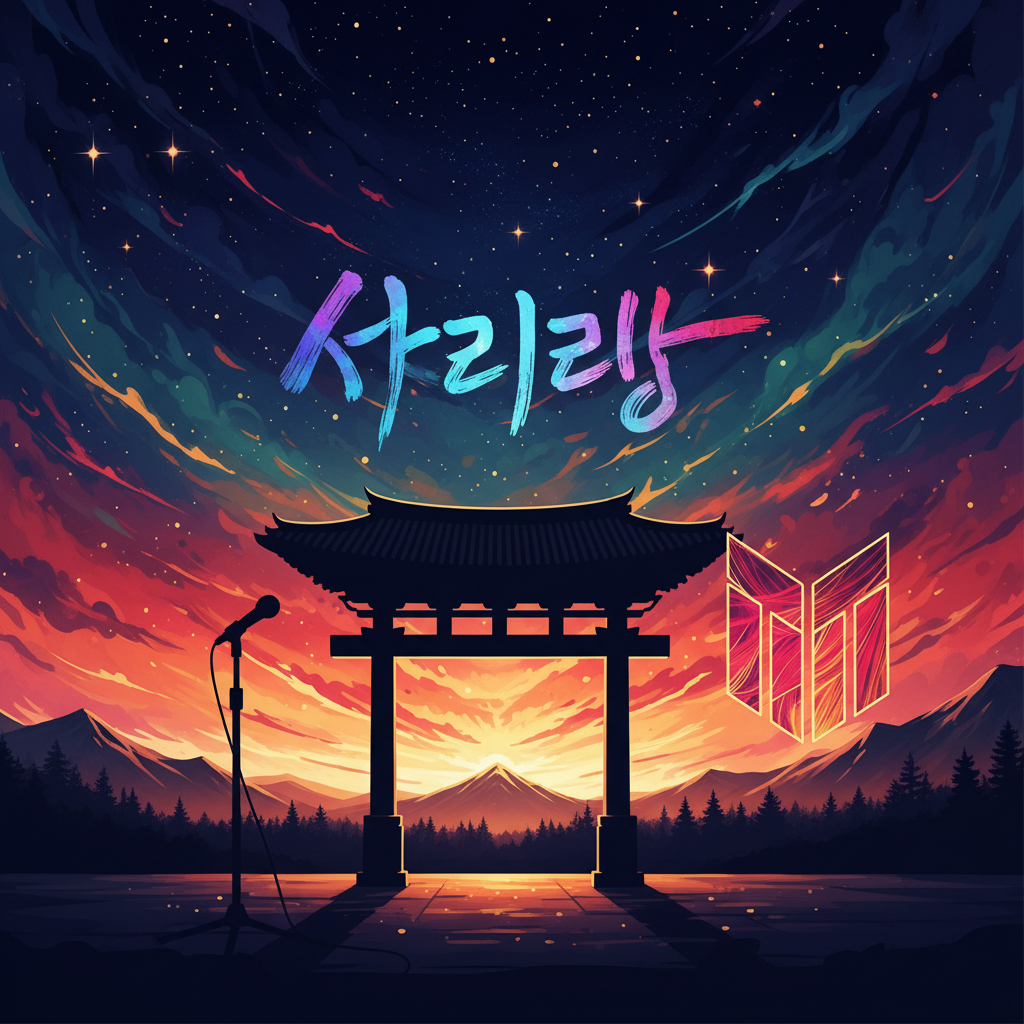Stage silhouette with traditional Korean gate (torii-like) and microphone stand, ARIRANG in Korean text, BTS logo abstract, night sky with stars, illustration style, vibrant colors, horizontal composition (16:9 aspect ratio)