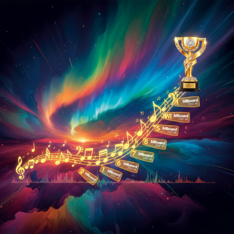 Rising chart line made of golden musical notes with a trophy at the peak symbolizing seven consecutive Billboard 200 number ones