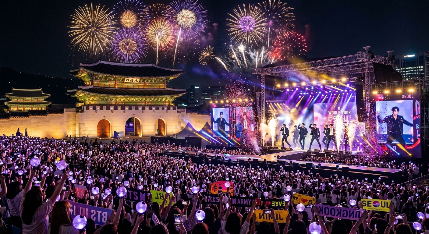 BTS performing on stage at Gwanghwamun Square with colorful lights and fireworks
