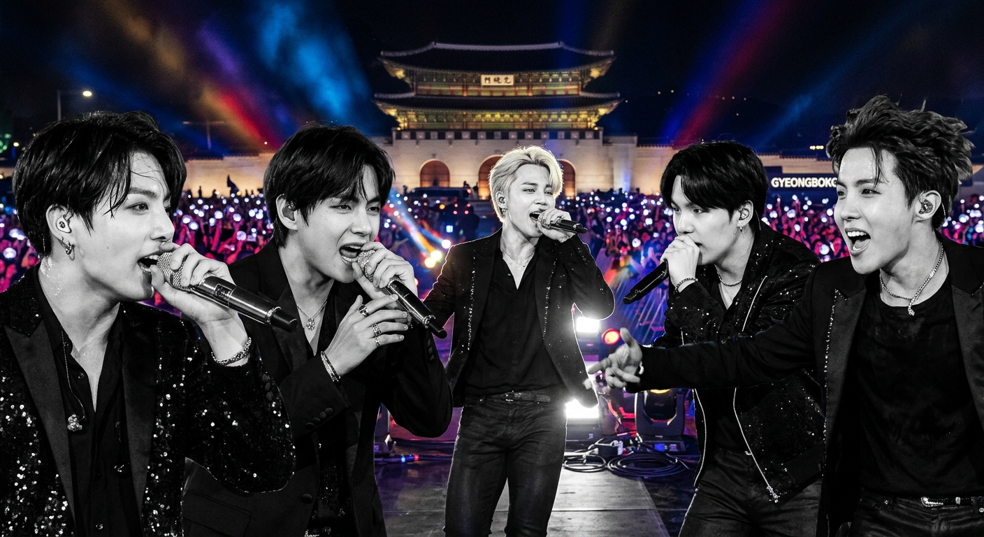 Close-up of BTS members singing on stage at Gwanghwamun Square