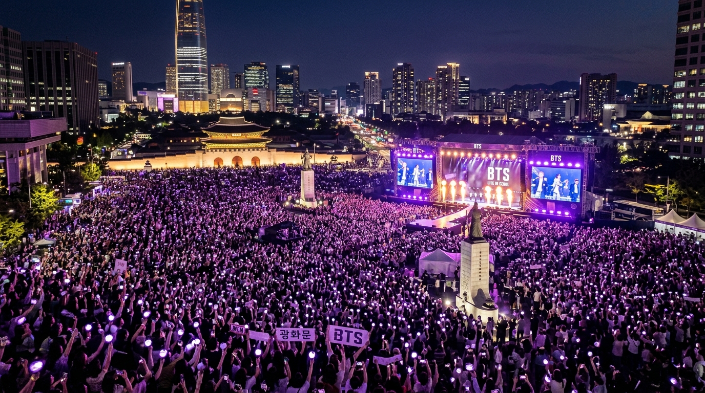 Wide aerial view of Gwanghwamun Square filled with massive crowd cheering for BTS