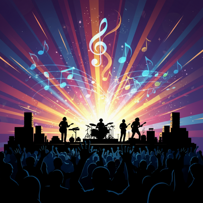 Vibrant concert stage silhouette with bright lights, cheering crowd shadows, and musical notes