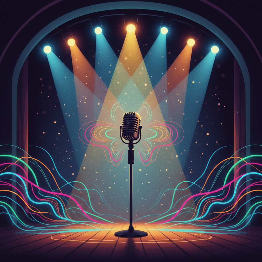 Silhouette of a microphone on stage with spotlights, musical sound waves as colorful ripples