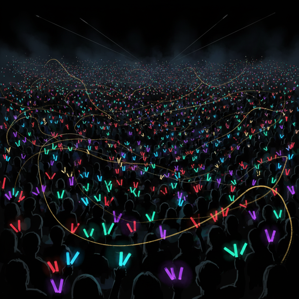 Abstract crowd of silhouettes holding light sticks creating a sea of small lights