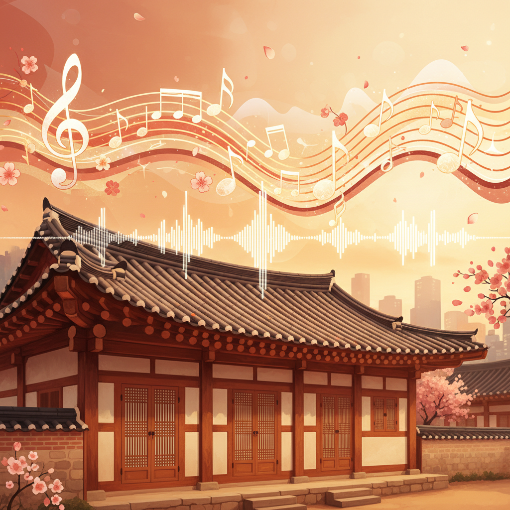 Traditional Korean hanok house with modern musical notes and sound waves blending together