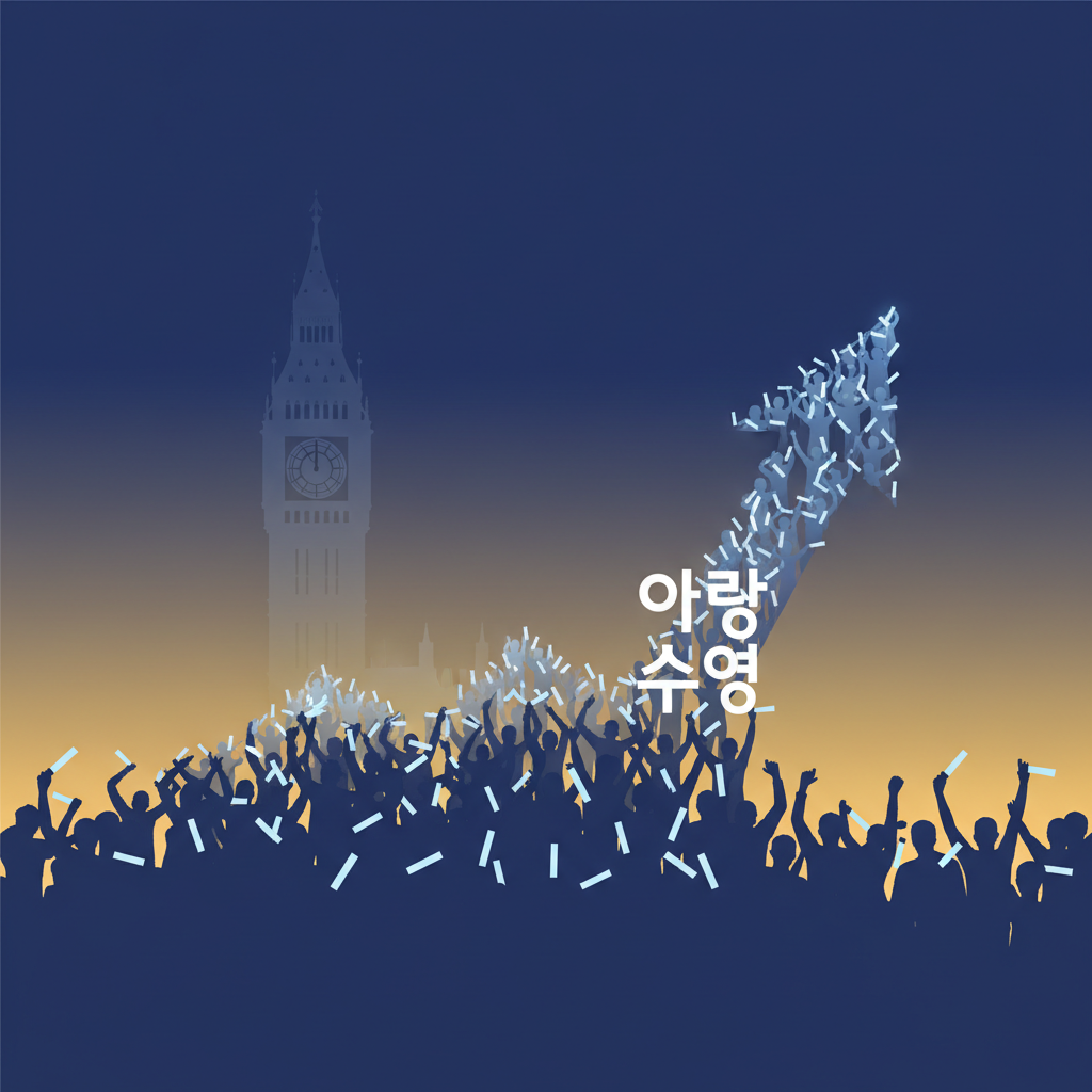 Crowd light sticks forming upward trend with UK and Korean symbols