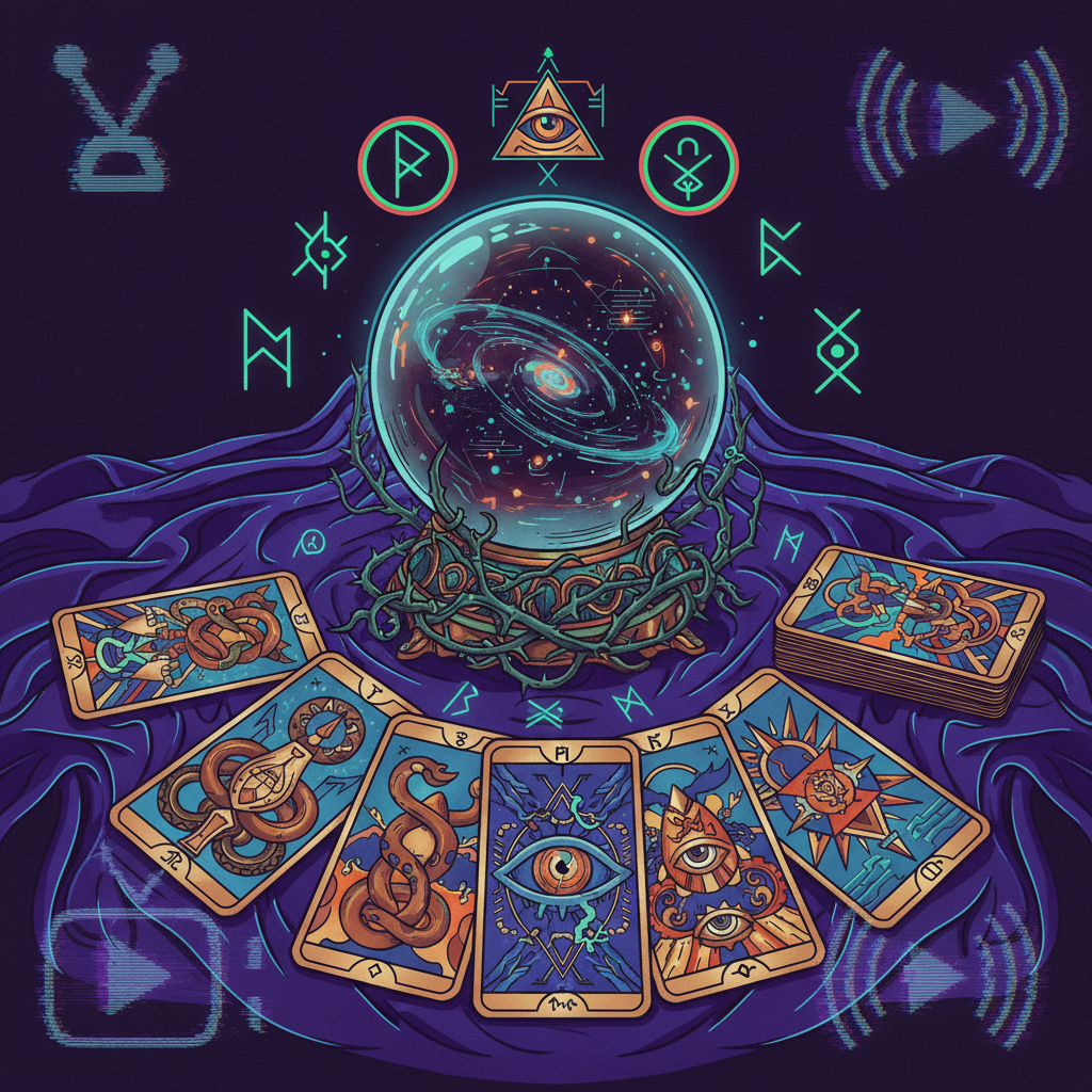 A mystical fortune telling setup with tarot cards, crystal ball, and mysterious symbols on dark velvet background, with subtle TV static or broadcast symbols in corners to hint at TV show setting