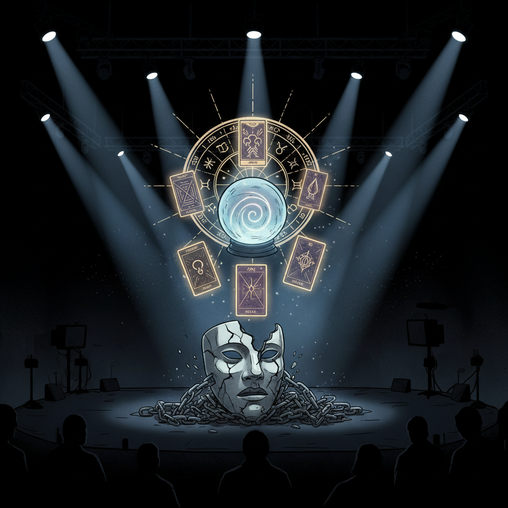 Silhouette of a TV studio set with glowing fortune telling symbols (crystal ball, tarot cards, zodiac wheel) floating above the stage, dark background with spotlights, controversy represented by cracked mask or broken chains symbolism