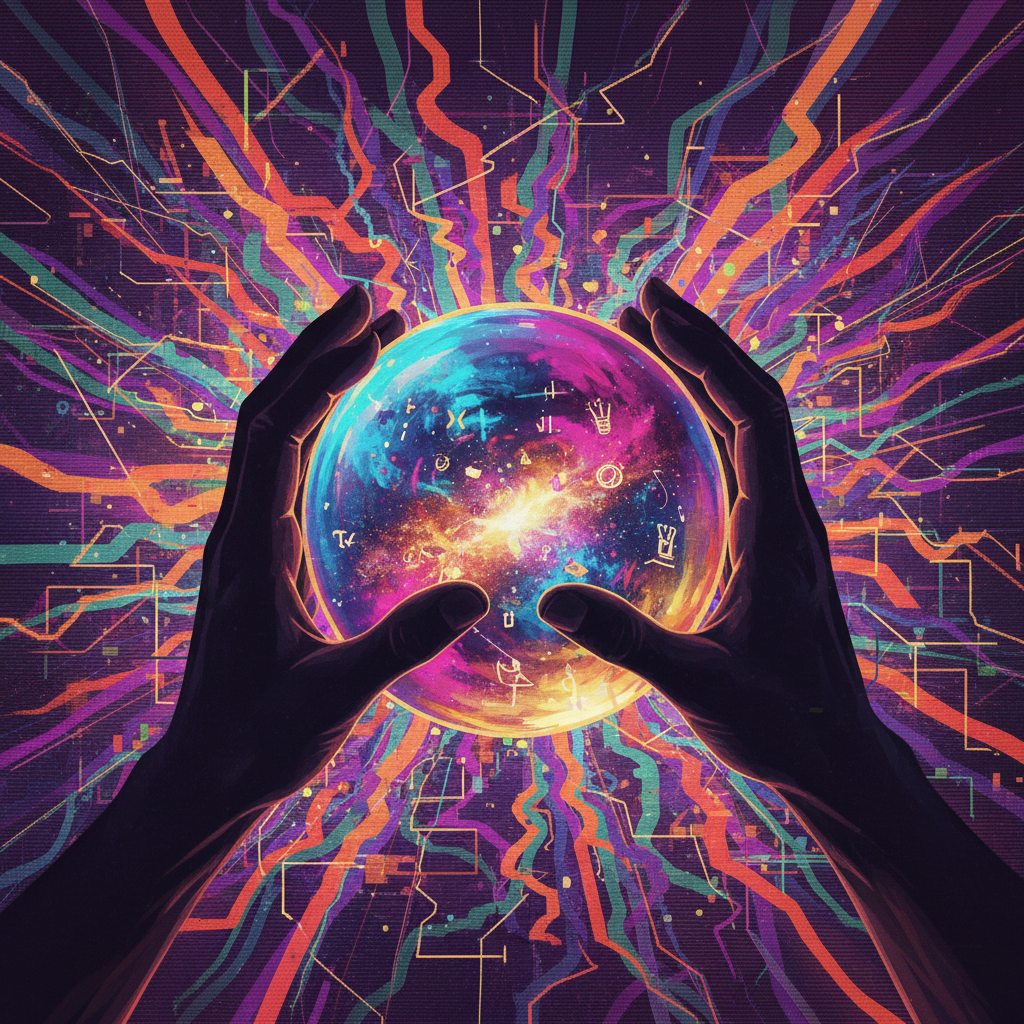 Close-up of an ancient fortune teller's hands (silhouetted) holding a glowing crystal ball, with TV broadcast waves or signal interference patterns in the background, representing the clash between mysticism and media