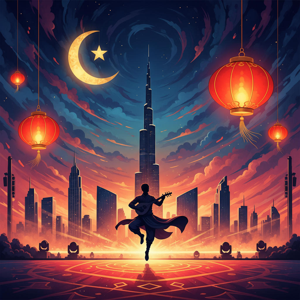 Silhouette of a performer on stage in Dubai with Burj Khalifa outline, red lanterns and crescent moon