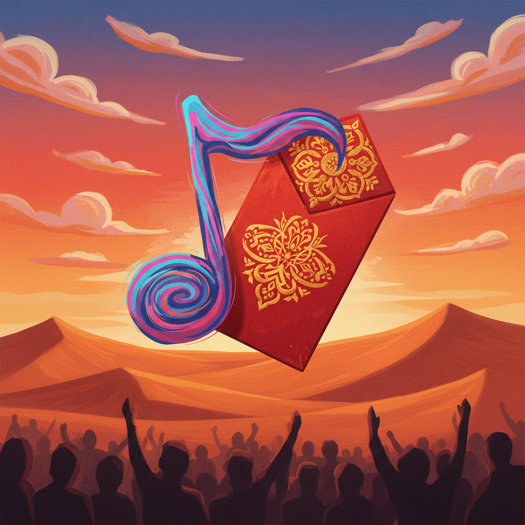 Abstract illustration of a K-pop music note transforming into a red envelope with Arabic calligraphy patterns, desert sunset background