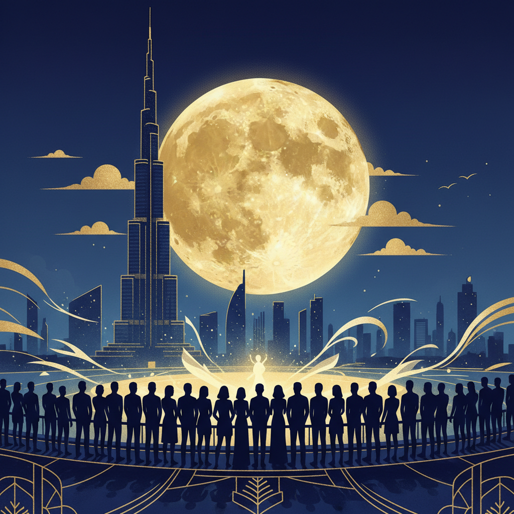 Group of silhouettes watching a performance in Dubai with Burj Khalifa and full moon