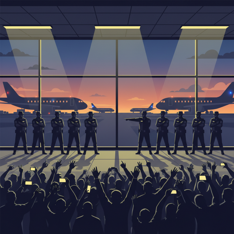 Silhouette of fans and security guards at an airport terminal with airplanes in the background, flat vector art style