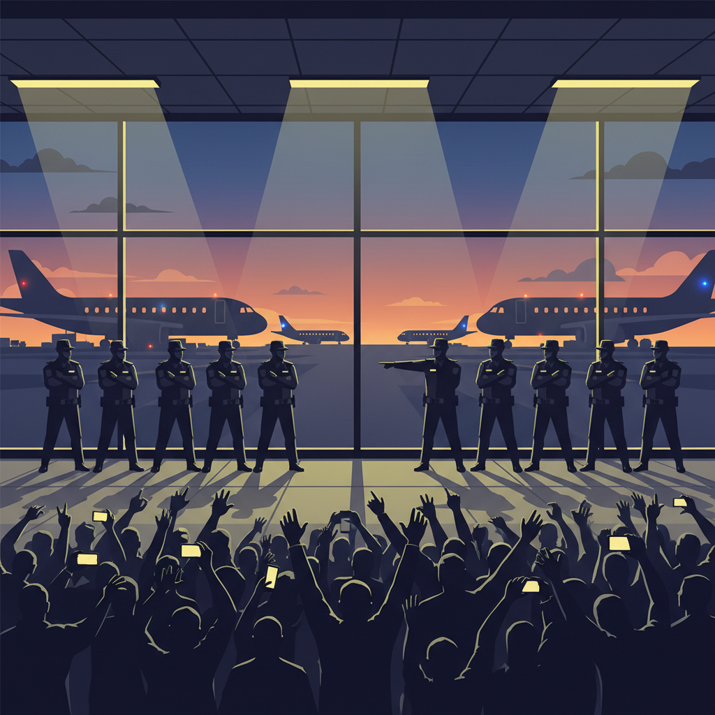Silhouette of fans and security guards at an airport terminal with airplanes in the background, flat vector art style