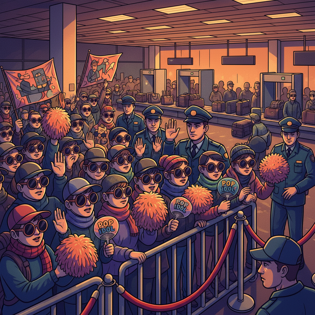 Airport security checkpoint with fans and officials, stylized illustration, crowd with obscured faces, tension and barriers