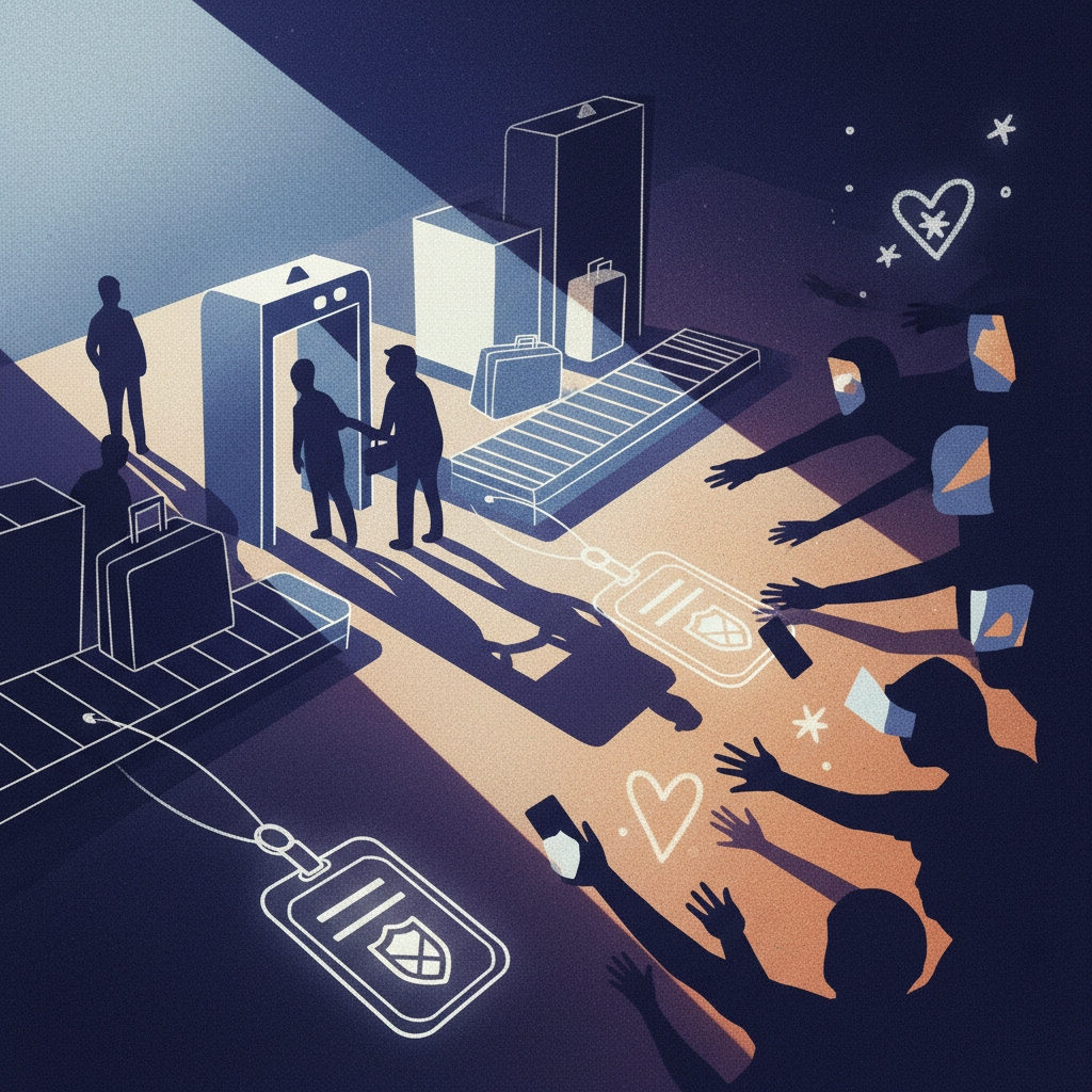 Abstract representation of airport security and fan interaction using shadows and light, symbolic elements like luggage and security badges