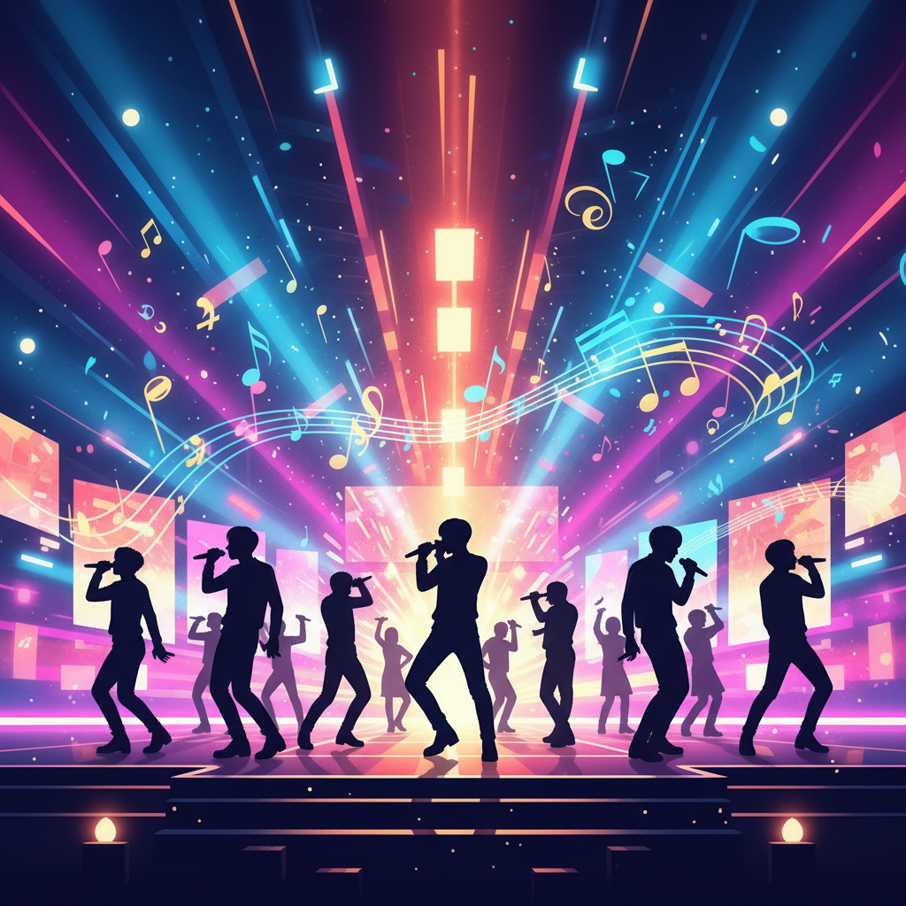 Silhouettes of K-pop performers on a variety show stage with colorful lights