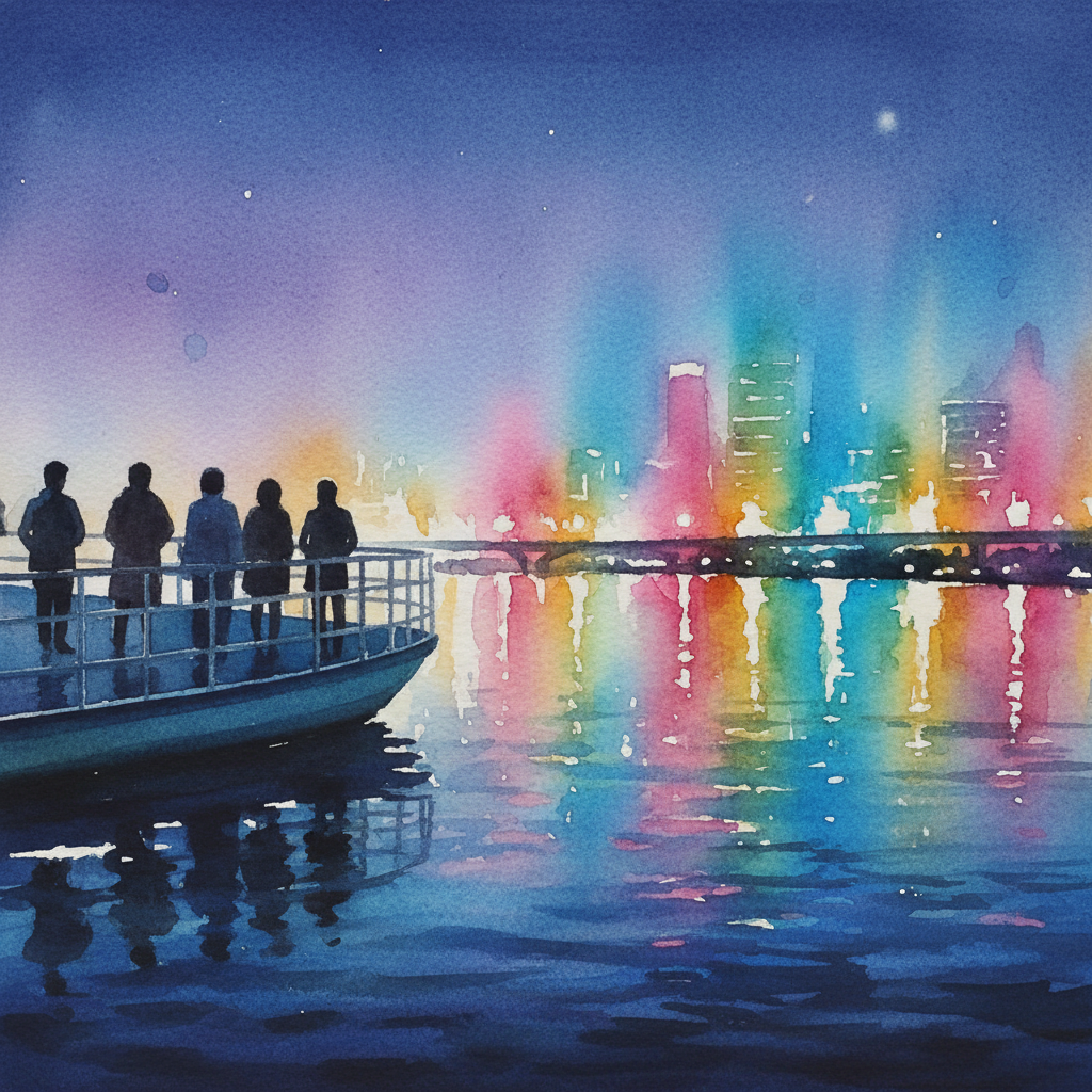 Silhouettes of people enjoying a Han River cruise at night with city lights reflecting on water (soft watercolor illustration)