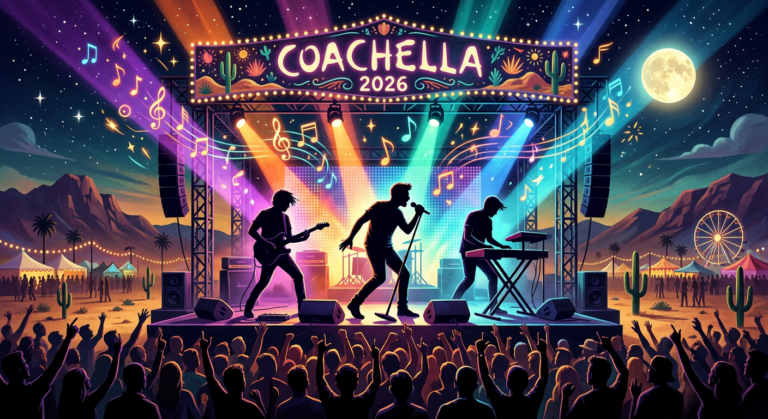 Three silhouettes of performers on a desert stage at night, with stage lights and musical notes