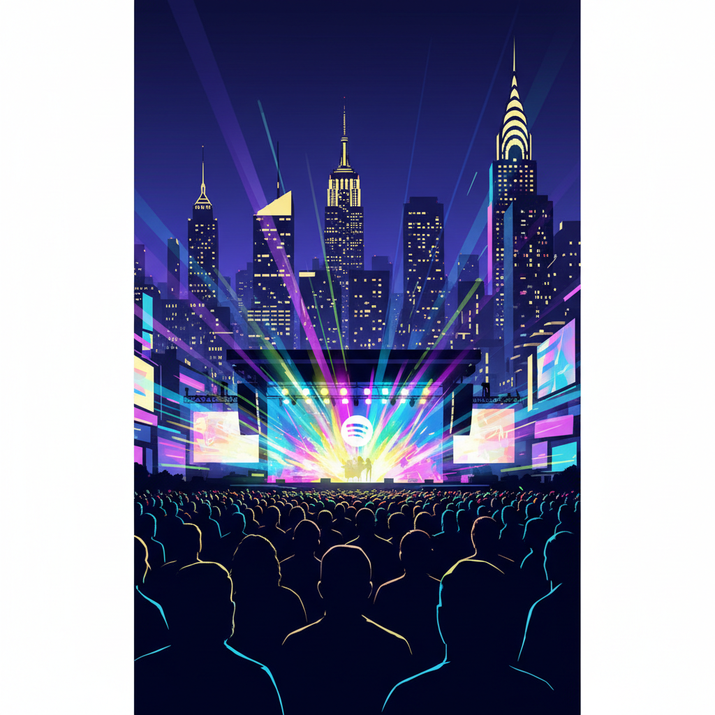 Silhouette of a crowd watching a live performance in NYC with Spotify logo integrated into lighting (flat vector style)