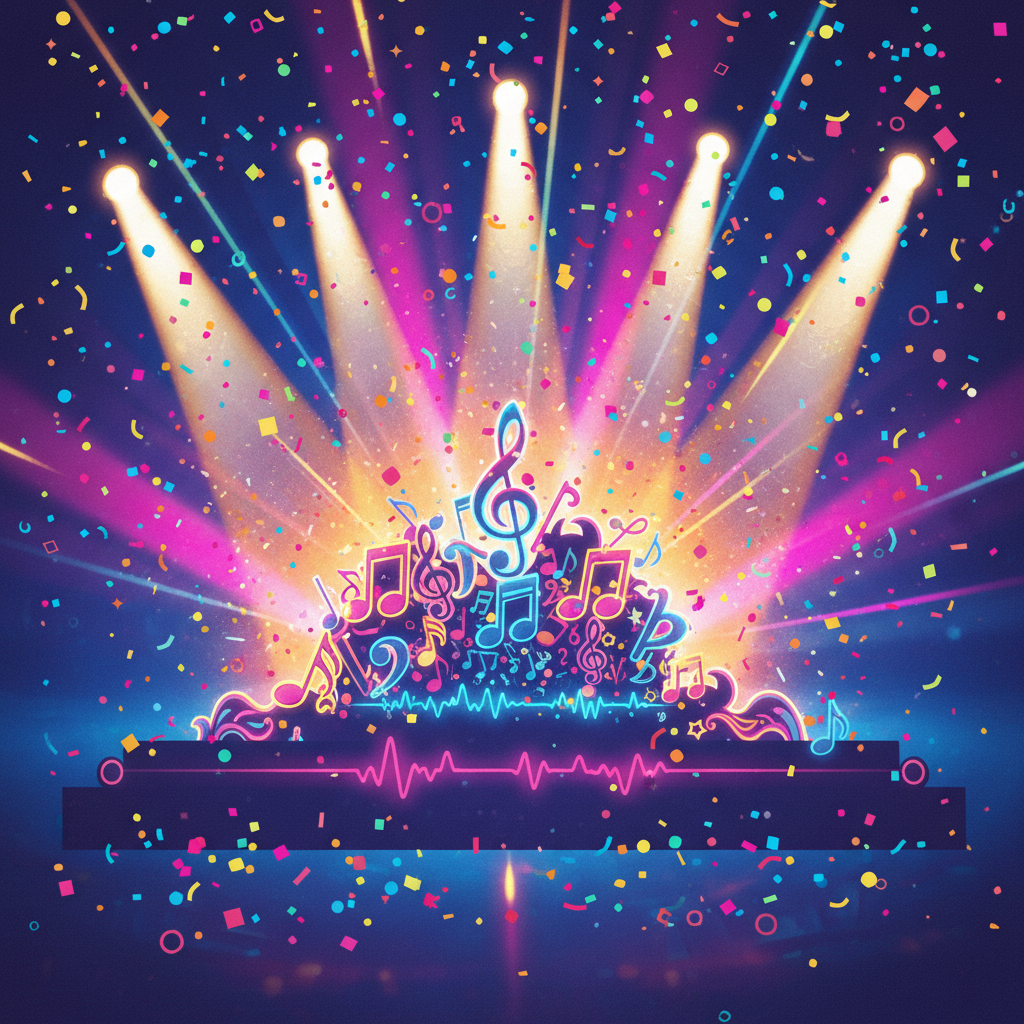 Abstract illustration of musical notes and sound waves forming a stage silhouette