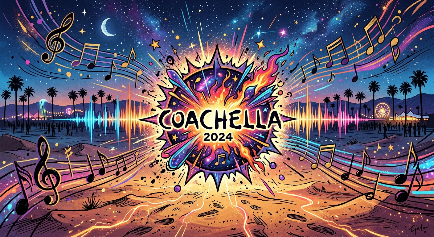 Abstract musical notes and sound waves forming a Big Bang logo in desert sand, with Coachella palm trees silhouette