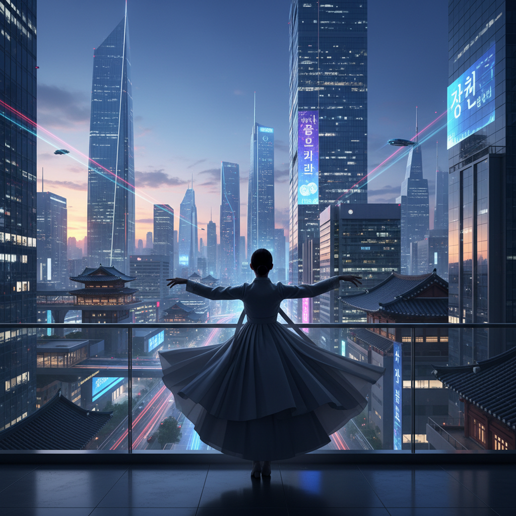 Silhouette of a woman in modern hanbok on a balcony overlooking a futuristic Korean cityscape at dusk