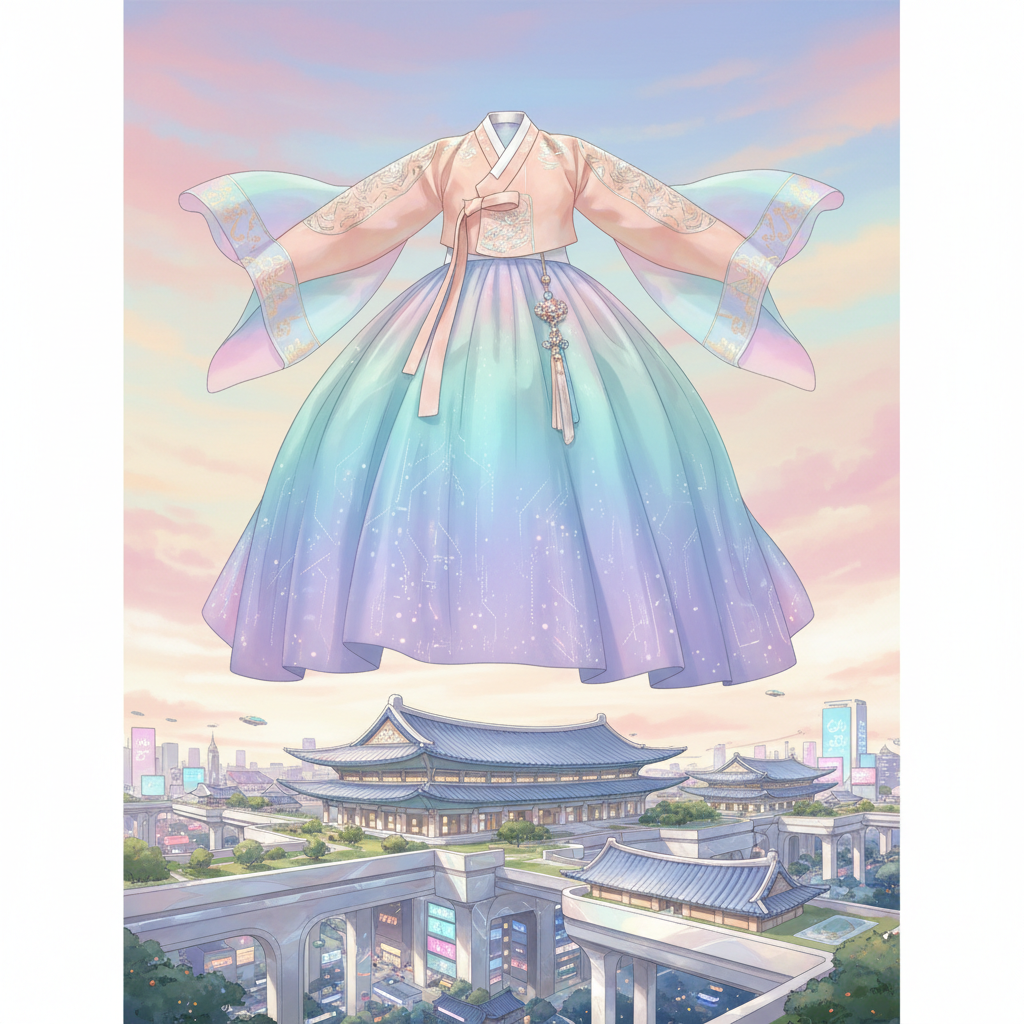 Illustration of traditional Korean hanbok with modern elements floating above a stylized 21st-century Korean palace, soft pastel colors, no people