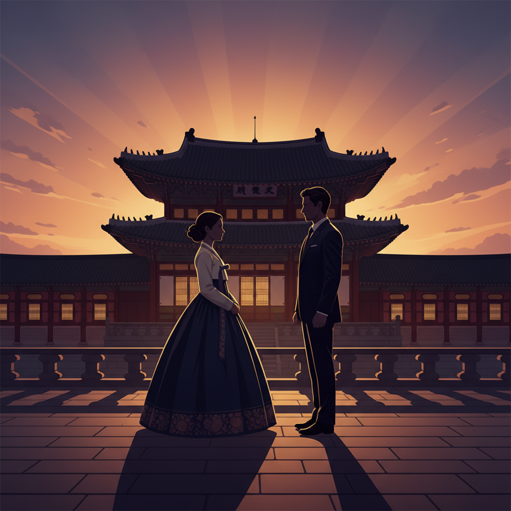 Two silhouettes facing each other (one in hanbok, one in modern business attire) in front of a Korean palace at sunset