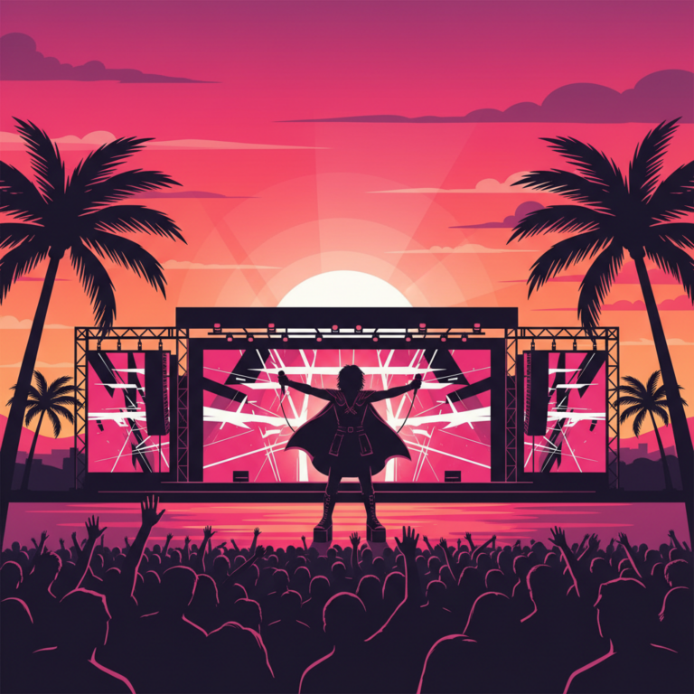 Silhouette of a performer on stage at a festival with palm trees and sunset, featuring Blackpink's signature colors (pink, black, white), illustration style, no facial details