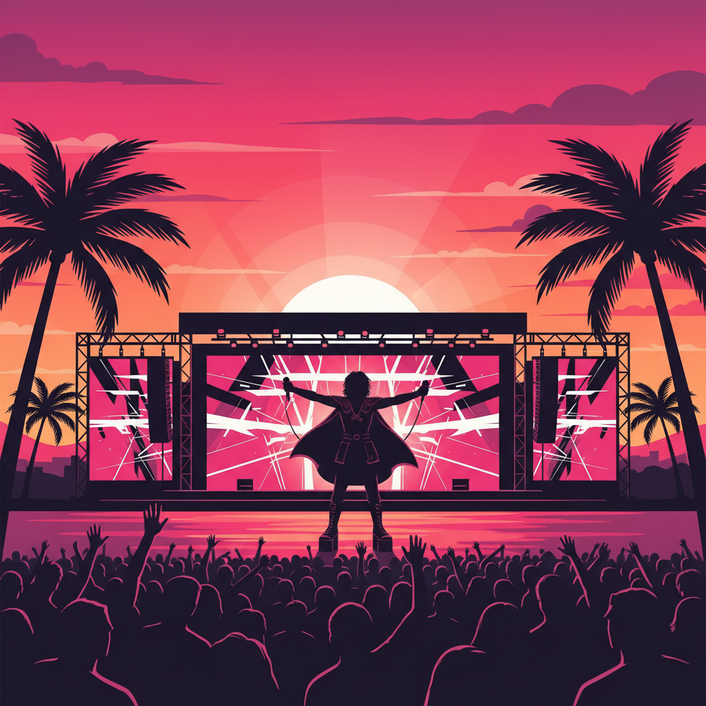 Silhouette of a performer on stage at a festival with palm trees and sunset, featuring Blackpink's signature colors (pink, black, white), illustration style, no facial details