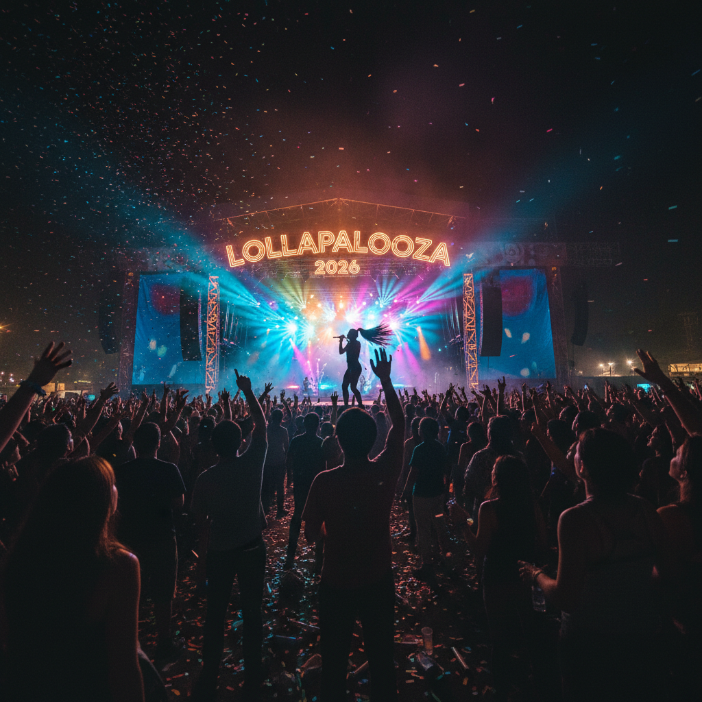 Crowd of silhouettes with hands raised, stage with colorful lights and Lollapalooza 2026 banner, silhouette of a female performer with distinctive ponytail (non-identifiable), vibrant festival atmosphere
