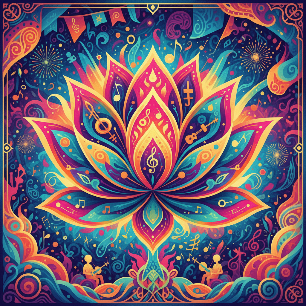 Abstract musical notes and sound waves forming a lotus flower (symbolizing Jennie's Korean heritage) with festival elements, illustration style, vibrant colors, no facial details