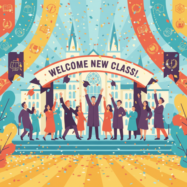 Vibrant illustration of a university entrance ceremony stage with colorful banners, confetti, and silhouettes of students celebrating